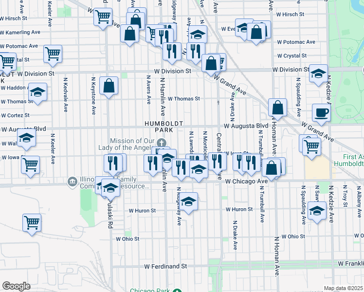map of restaurants, bars, coffee shops, grocery stores, and more near 923 North Ridgeway Avenue in Chicago