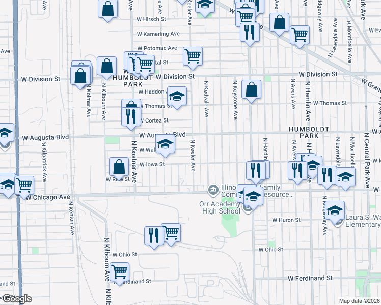 map of restaurants, bars, coffee shops, grocery stores, and more near 4219 West Walton Street in Chicago