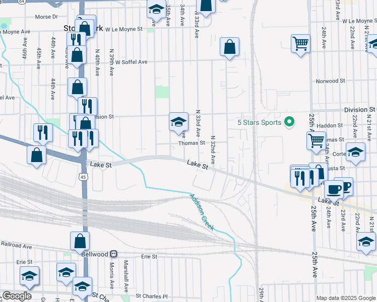 map of restaurants, bars, coffee shops, grocery stores, and more near 1221 34th Avenue in Melrose Park