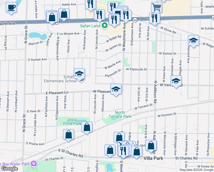 map of restaurants, bars, coffee shops, grocery stores, and more near 701 West Vermont Street in Villa Park