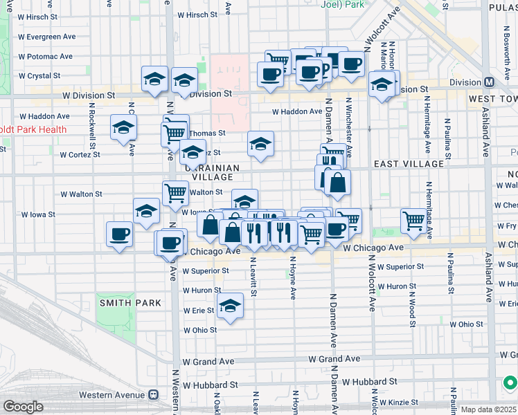 map of restaurants, bars, coffee shops, grocery stores, and more near 2152 West Iowa Street in Chicago