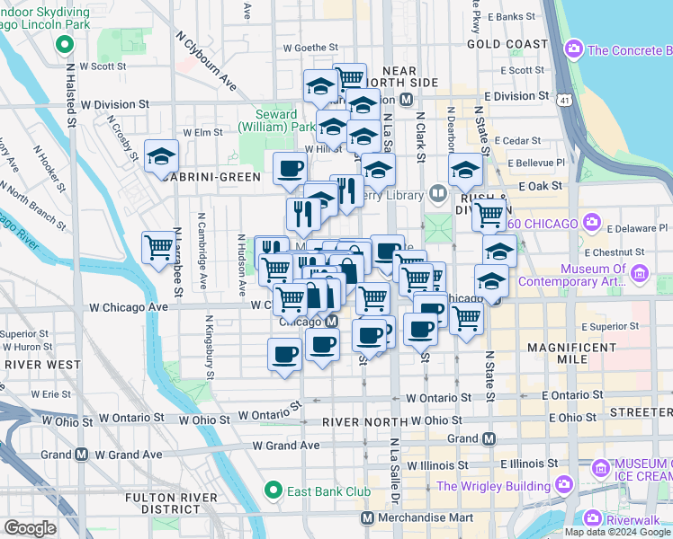 map of restaurants, bars, coffee shops, grocery stores, and more near 300 West Chestnut Street in Chicago