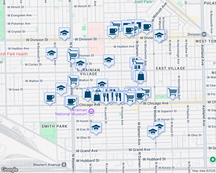 map of restaurants, bars, coffee shops, grocery stores, and more near 2134 West Iowa Street in Chicago
