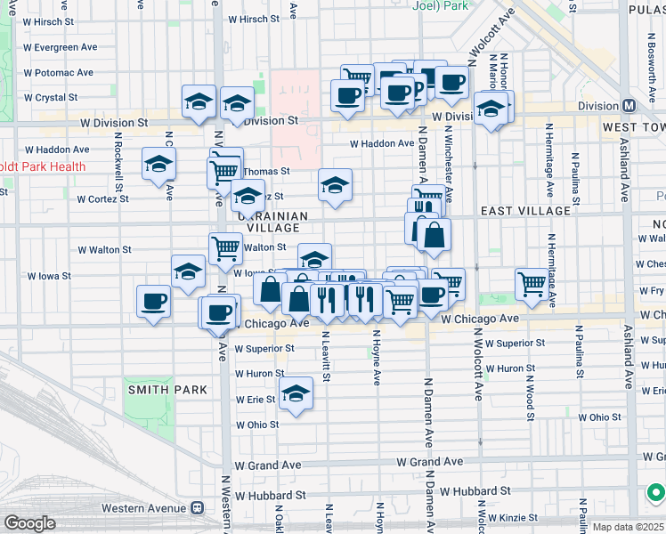 map of restaurants, bars, coffee shops, grocery stores, and more near 2150 West Iowa Street in Chicago