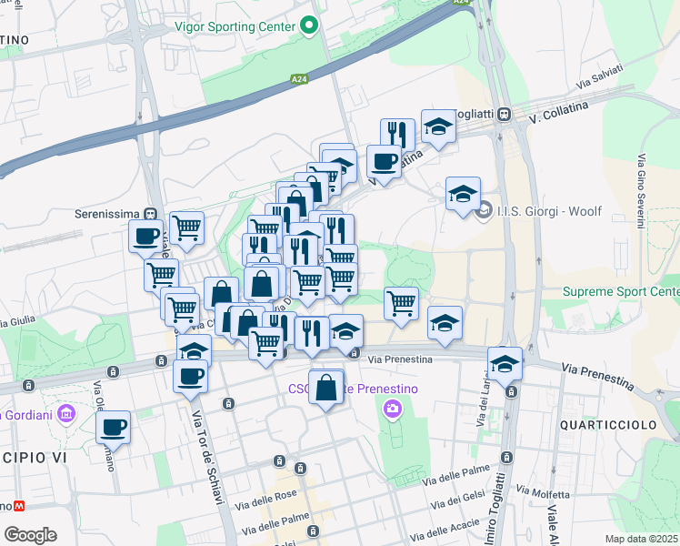 map of restaurants, bars, coffee shops, grocery stores, and more near 109 Viale Giovanni Battista Valente in Rome