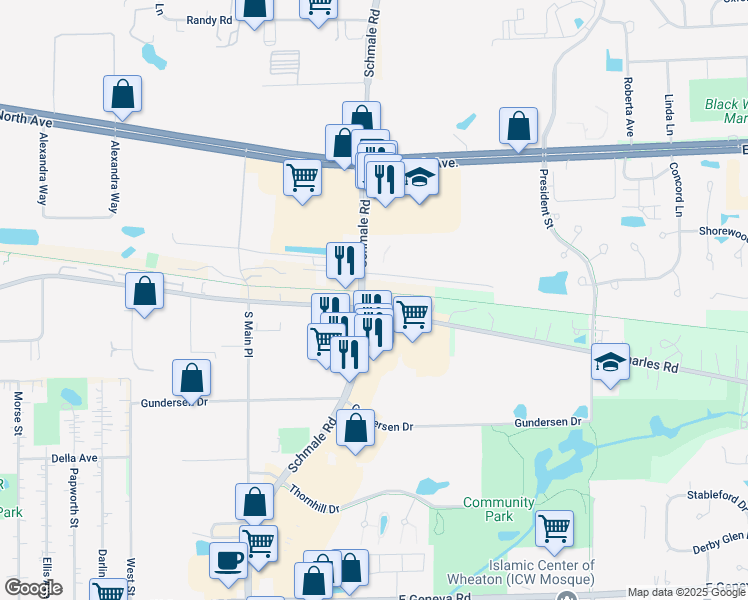 map of restaurants, bars, coffee shops, grocery stores, and more near 565 East Saint Charles Road in Carol Stream