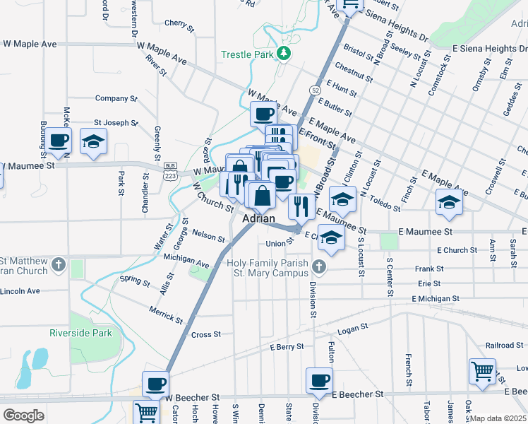 map of restaurants, bars, coffee shops, grocery stores, and more near in Adrian