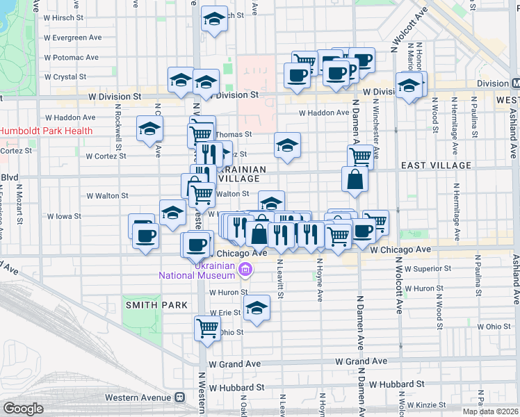 map of restaurants, bars, coffee shops, grocery stores, and more near in Chicago