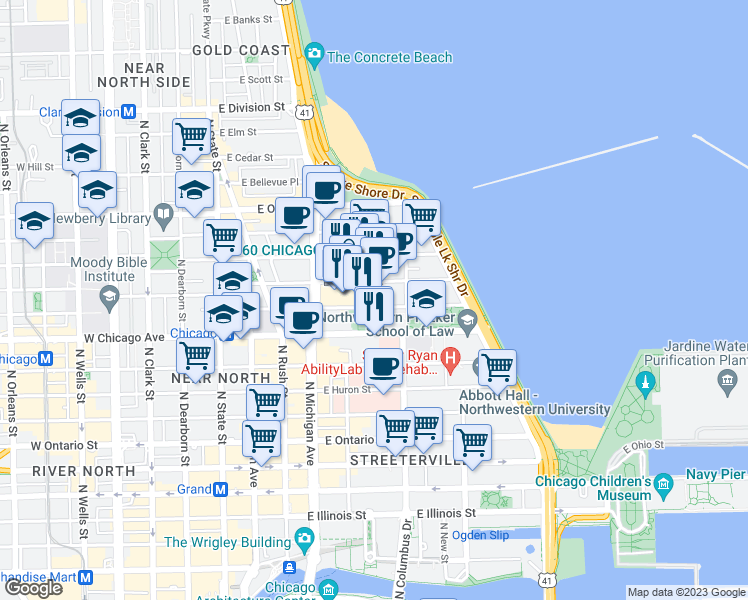 map of restaurants, bars, coffee shops, grocery stores, and more near 222 East Pearson Street in Chicago
