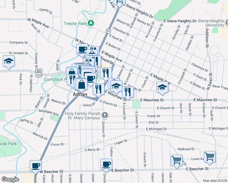 map of restaurants, bars, coffee shops, grocery stores, and more near 201 East Maumee Street in Adrian