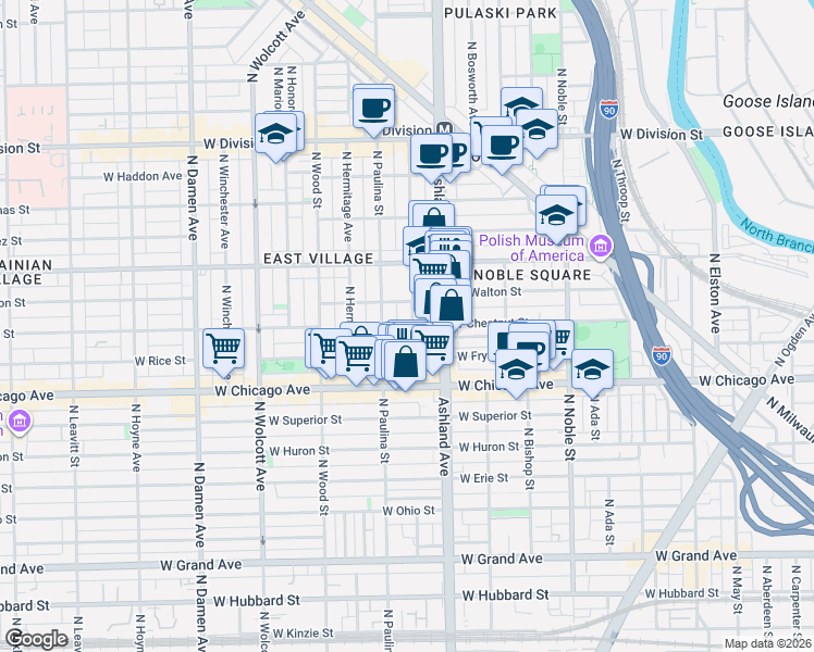 map of restaurants, bars, coffee shops, grocery stores, and more near 862 North Marshfield Avenue in Chicago