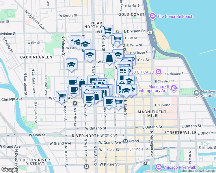 map of restaurants, bars, coffee shops, grocery stores, and more near 103 West Chestnut Street in Chicago
