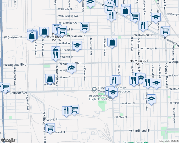 map of restaurants, bars, coffee shops, grocery stores, and more near 931 North Keeler Avenue in Chicago