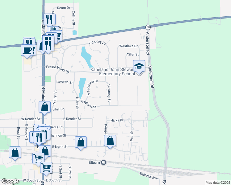 map of restaurants, bars, coffee shops, grocery stores, and more near 632 Ridge Drive in Elburn