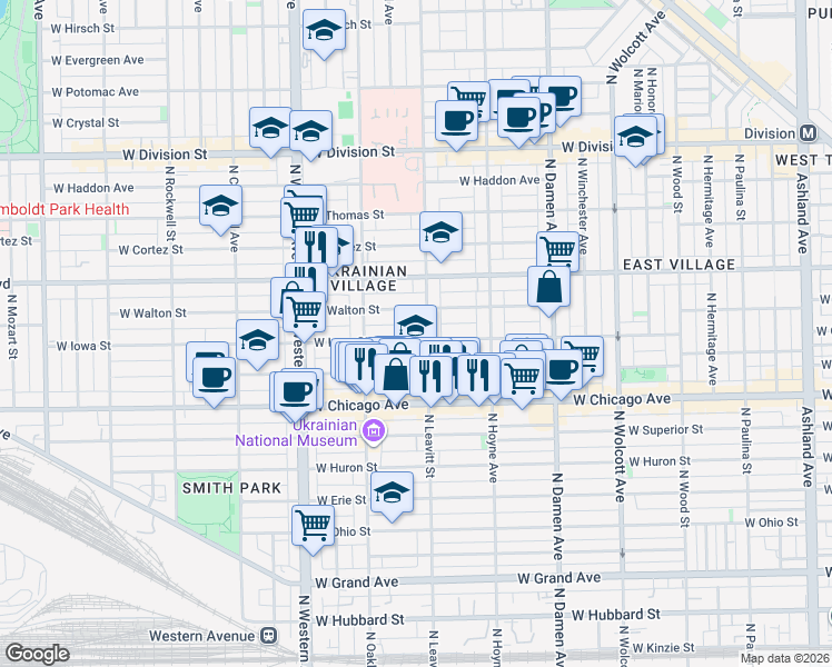 map of restaurants, bars, coffee shops, grocery stores, and more near 2208 West Iowa Street in Chicago