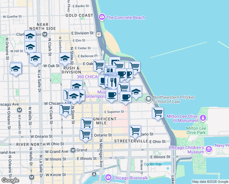 map of restaurants, bars, coffee shops, grocery stores, and more near 180 East Pearson Street in Chicago