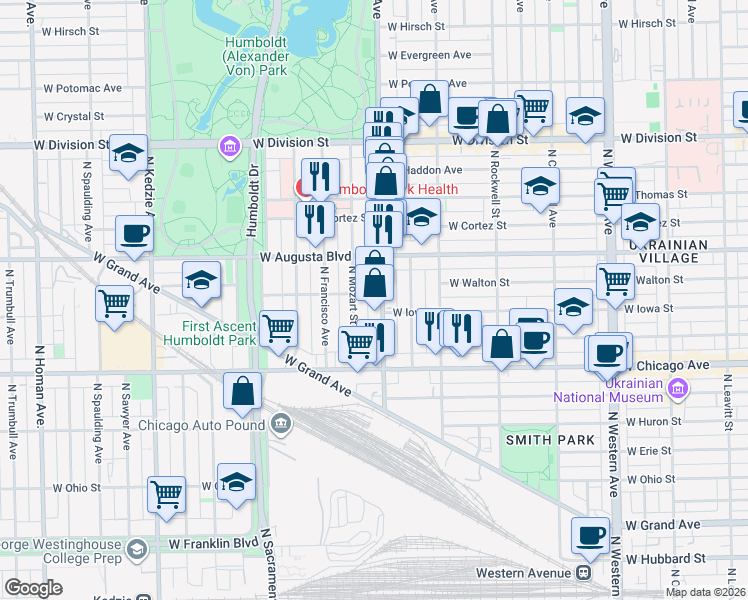 map of restaurants, bars, coffee shops, grocery stores, and more near 879 North Mozart Street in Chicago