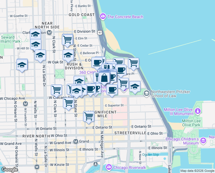 map of restaurants, bars, coffee shops, grocery stores, and more near 845 North Michigan Avenue in Chicago