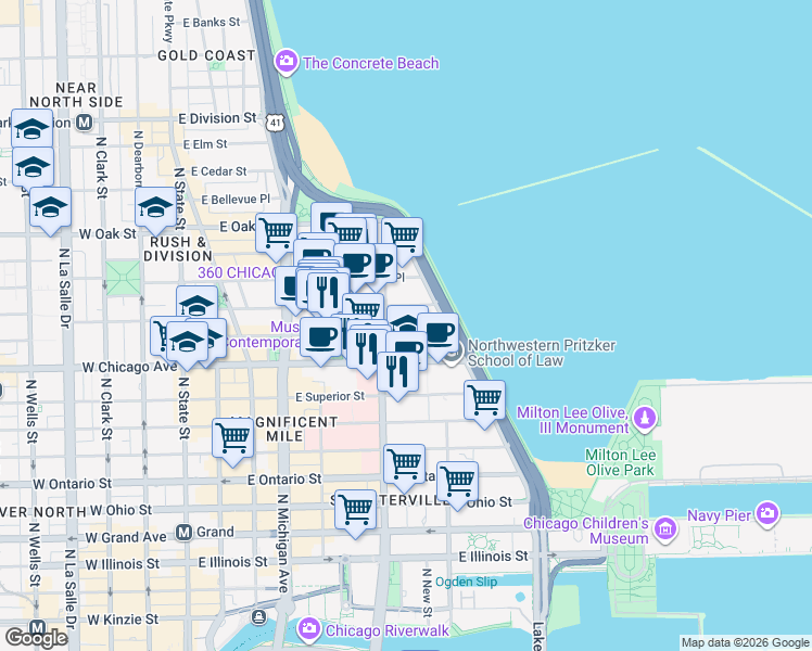 map of restaurants, bars, coffee shops, grocery stores, and more near 250 East Pearson Street in Chicago
