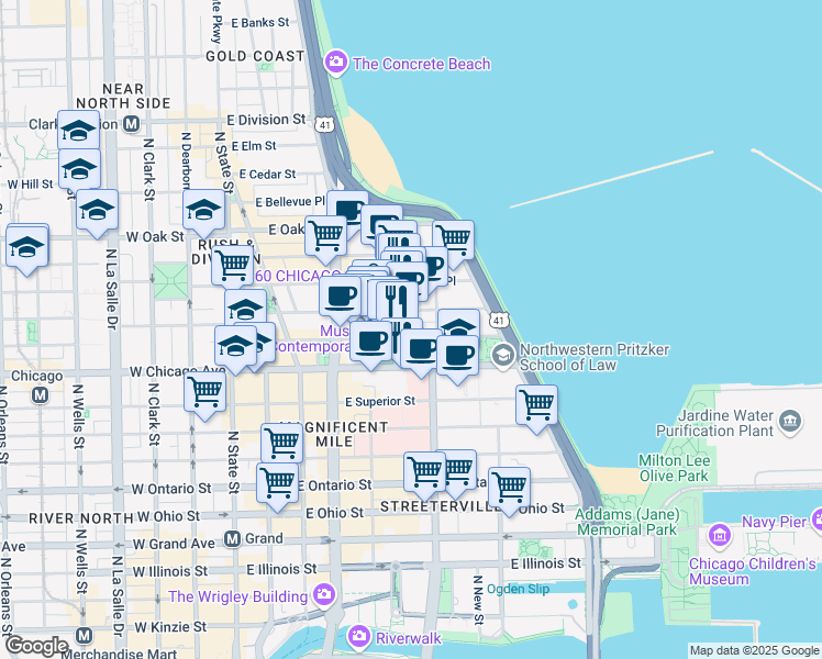 map of restaurants, bars, coffee shops, grocery stores, and more near 222 East Pearson Street in Chicago