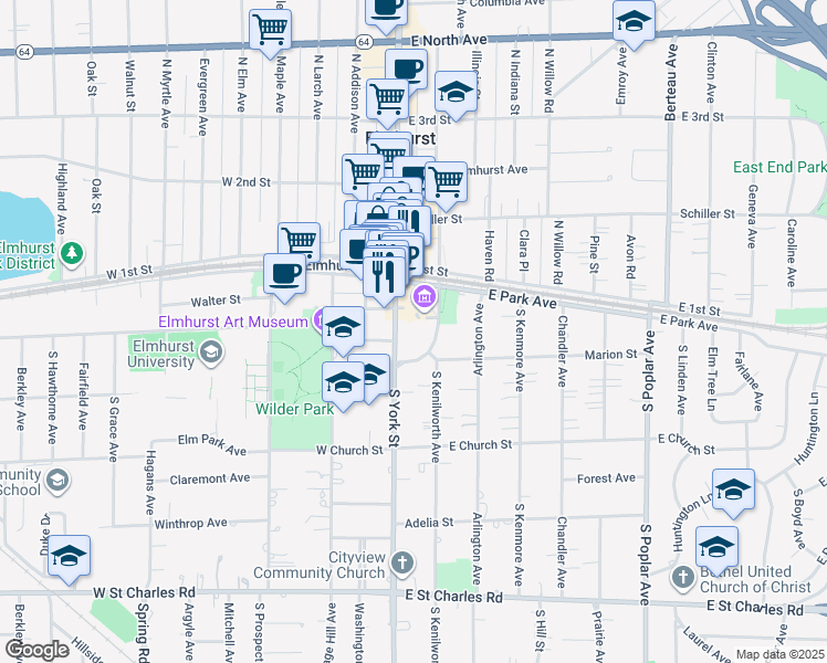map of restaurants, bars, coffee shops, grocery stores, and more near 145 South York Street in Elmhurst