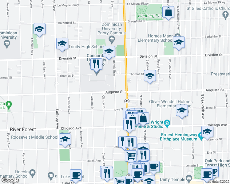 map of restaurants, bars, coffee shops, grocery stores, and more near Bonnie Brae in River Forest