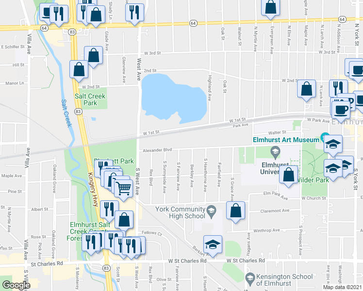 map of restaurants, bars, coffee shops, grocery stores, and more near 435 Alexander Boulevard in Elmhurst