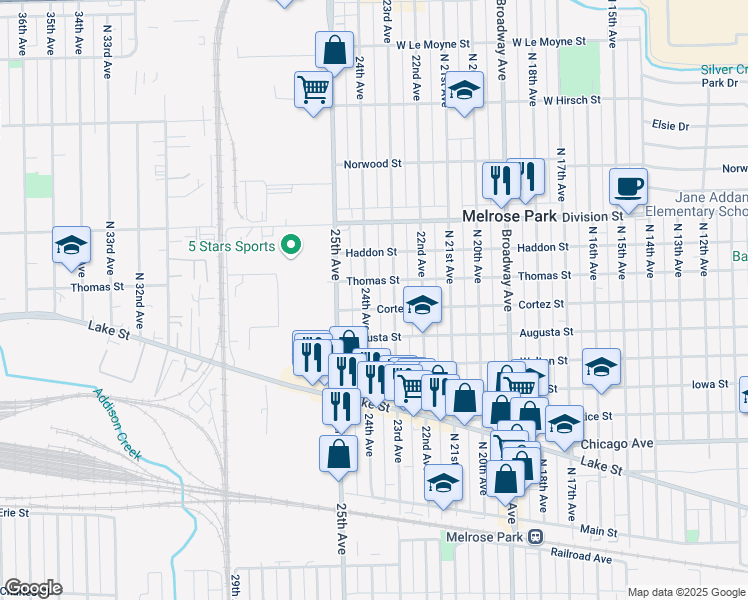 map of restaurants, bars, coffee shops, grocery stores, and more near 1203 North 24th Avenue in Melrose Park