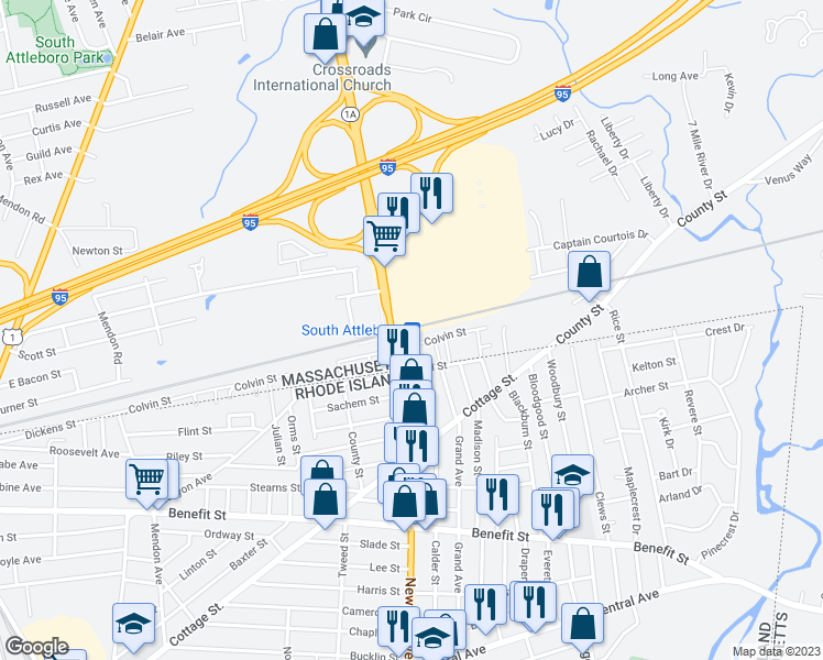 map of restaurants, bars, coffee shops, grocery stores, and more near 1315 Newport Avenue in Attleboro