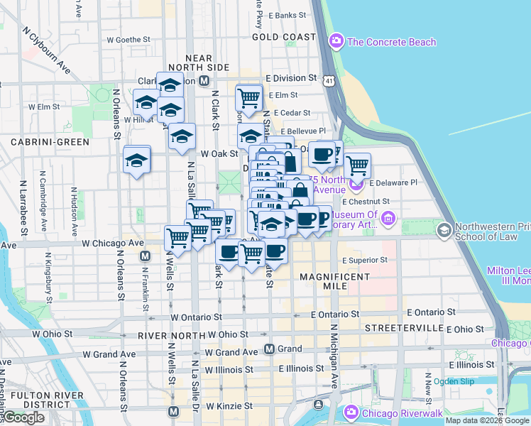 map of restaurants, bars, coffee shops, grocery stores, and more near 844 North State Street in Chicago