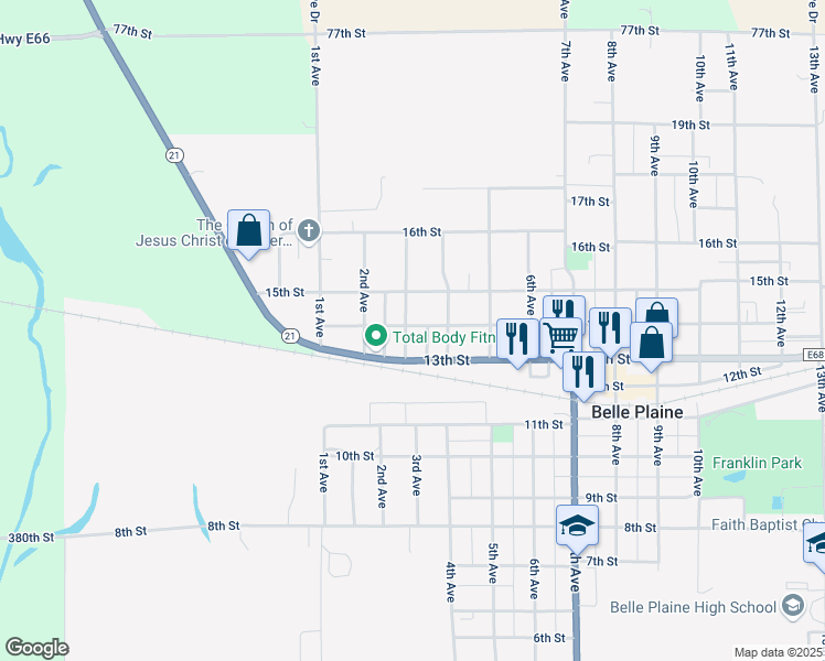 map of restaurants, bars, coffee shops, grocery stores, and more near 301-349 14th Street in Belle Plaine
