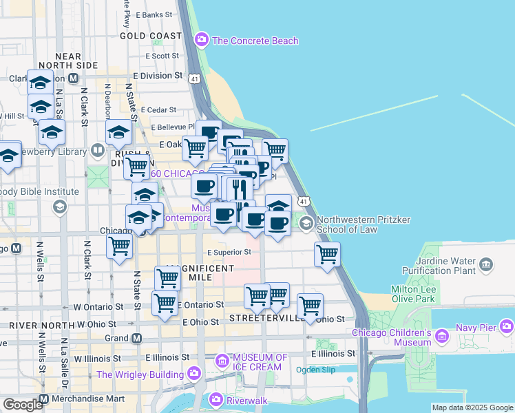 map of restaurants, bars, coffee shops, grocery stores, and more near 222 East Pearson Street in Chicago