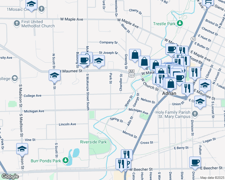 map of restaurants, bars, coffee shops, grocery stores, and more near 173 Park Street in Adrian