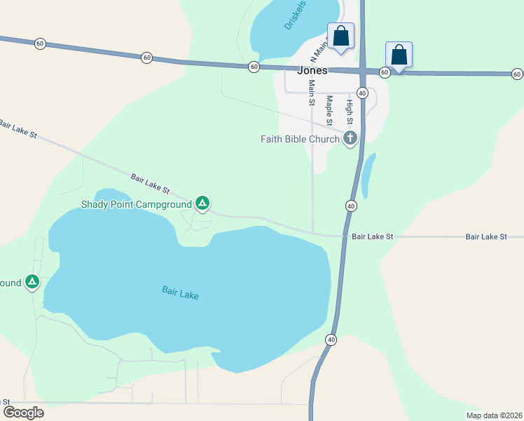map of restaurants, bars, coffee shops, grocery stores, and more near 12161 Bair Lake Street in Jones