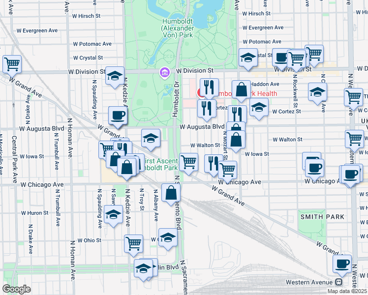 map of restaurants, bars, coffee shops, grocery stores, and more near 2961 West Walton Street in Chicago