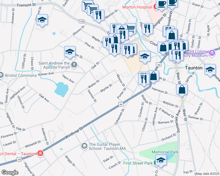map of restaurants, bars, coffee shops, grocery stores, and more near 14 Myrtle Street in Taunton