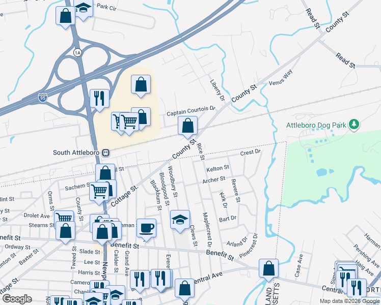 map of restaurants, bars, coffee shops, grocery stores, and more near 2101 County Street in Attleboro