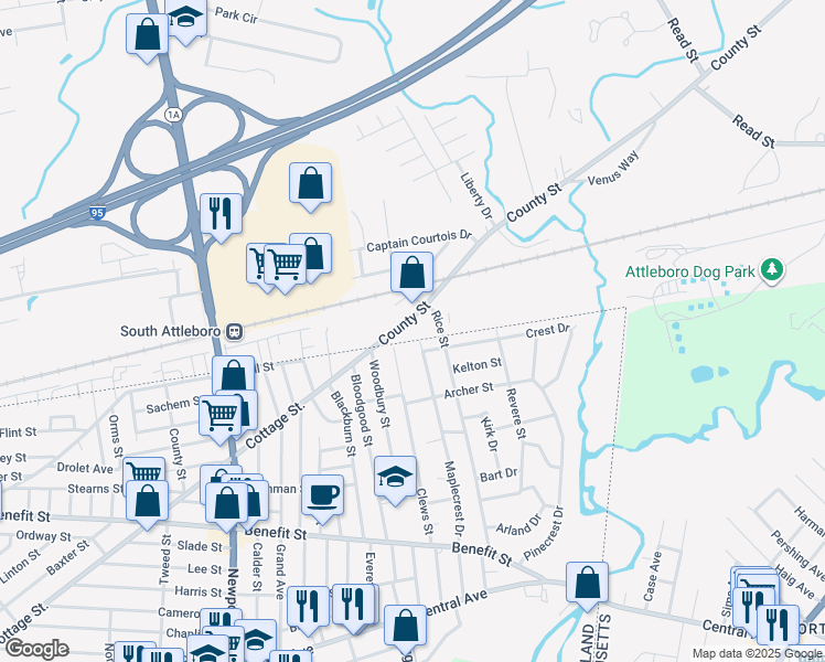 map of restaurants, bars, coffee shops, grocery stores, and more near 2101 County Street in Attleboro