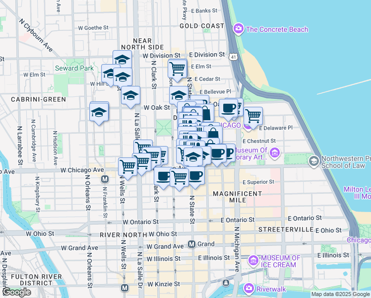 map of restaurants, bars, coffee shops, grocery stores, and more near 844 North State Street in Chicago
