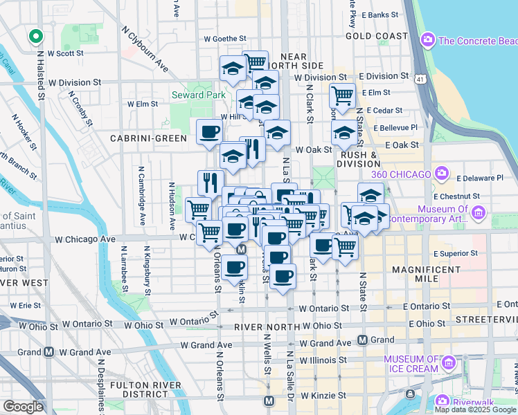 map of restaurants, bars, coffee shops, grocery stores, and more near 820 North Wells Street in Chicago