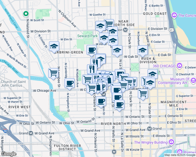 map of restaurants, bars, coffee shops, grocery stores, and more near 300 West Chestnut Street in Chicago