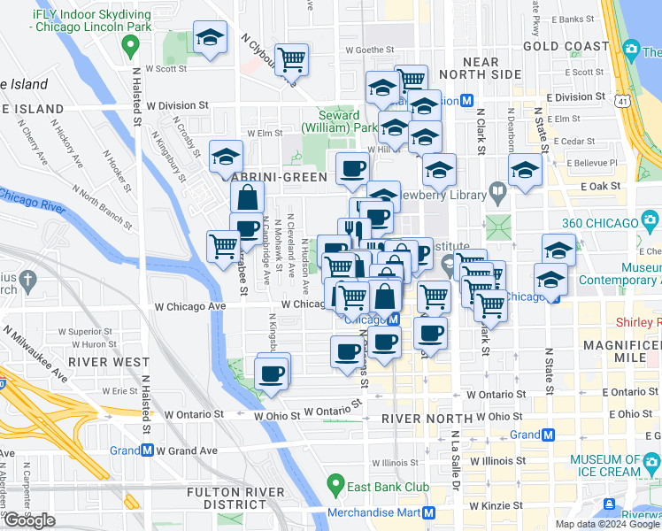 map of restaurants, bars, coffee shops, grocery stores, and more near 361 West Chestnut Street in Chicago