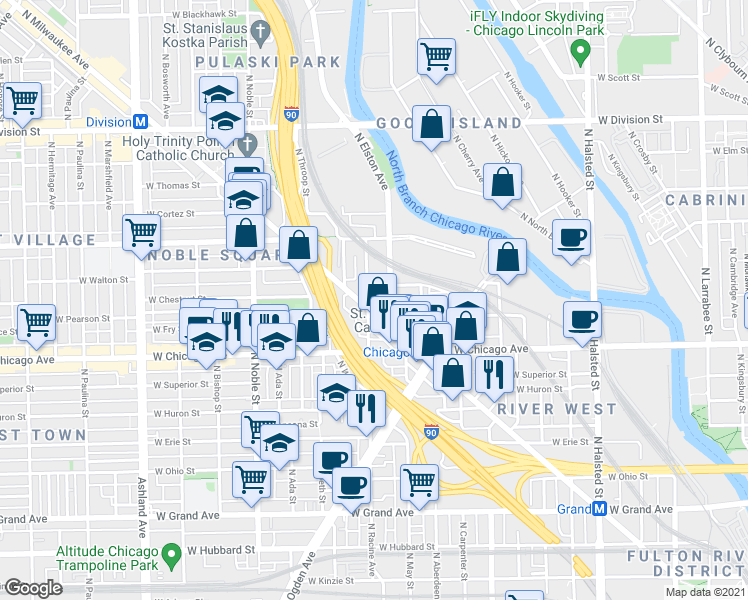map of restaurants, bars, coffee shops, grocery stores, and more near in Chicago