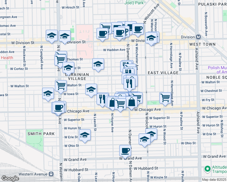map of restaurants, bars, coffee shops, grocery stores, and more near 909 North Hoyne Avenue in Chicago