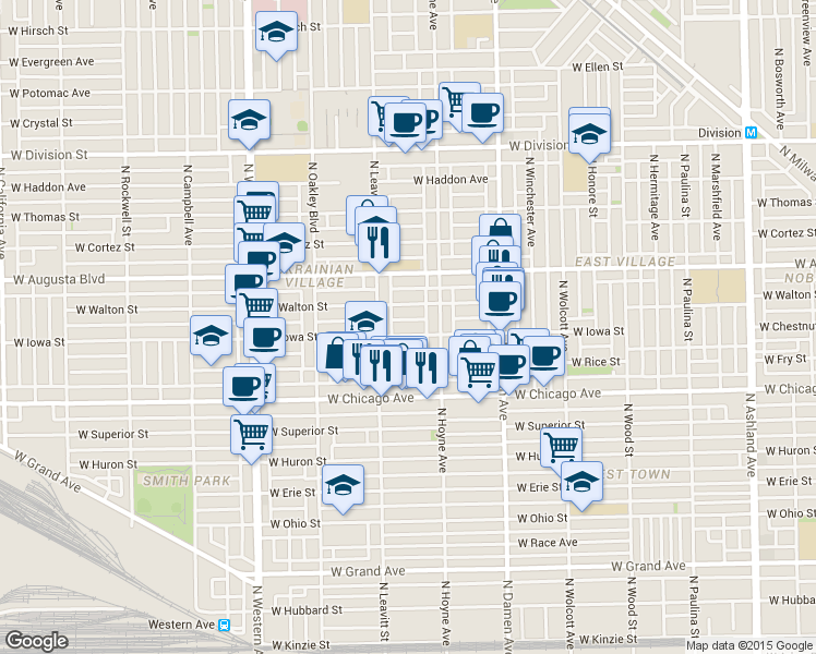 map of restaurants, bars, coffee shops, grocery stores, and more near 2134 West Iowa Street in Chicago