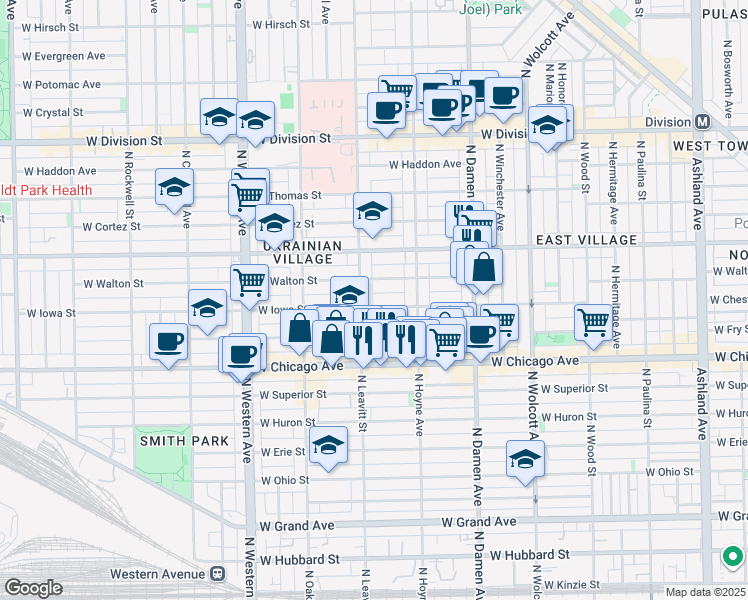 map of restaurants, bars, coffee shops, grocery stores, and more near 2134 West Iowa Street in Chicago