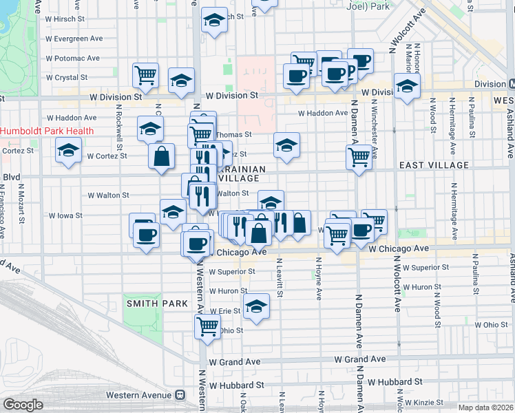 map of restaurants, bars, coffee shops, grocery stores, and more near 2248 West Iowa Street in Chicago
