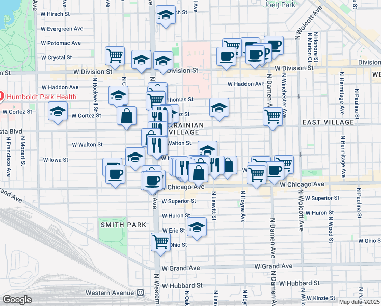 map of restaurants, bars, coffee shops, grocery stores, and more near 2248 West Iowa Street in Chicago