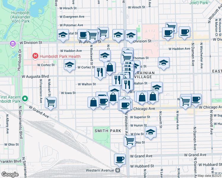 map of restaurants, bars, coffee shops, grocery stores, and more near 2440 West Iowa Street in Chicago