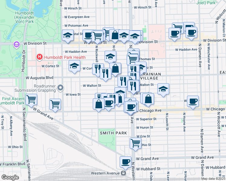 map of restaurants, bars, coffee shops, grocery stores, and more near 2516 West Iowa Street in Chicago